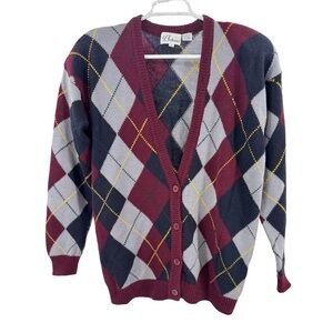 Bechamel Burgundy Argyle Cardigan Sweater lambs wool blend vintage preppy M